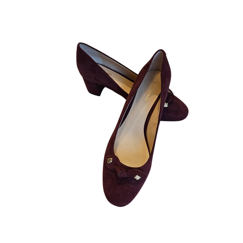 Kate Spade Benice Burgundy Suede Block Heel Pumps Bow Shoes Womens 6.5 M